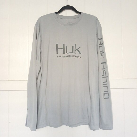 Huk Mens PURSUIT PERFORMANCE Crew Long Sleeve Fishing Logo Shirt XL Gray - Picture 8 of 10